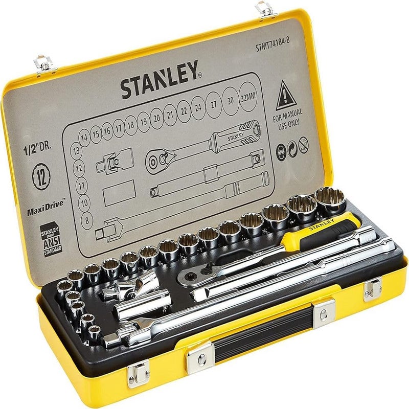 Stanley 1/2 inch Socket Set In Metal Tin 24 Pieces, Stmt74184-8, H17.8 x W43 x D5.2 cm - Image 1